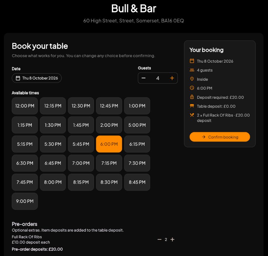 Bull & Bar’s customer booking page showing four guests, an orange selected 6pm arrival and two ribs with a combined £20 pre-order deposit
